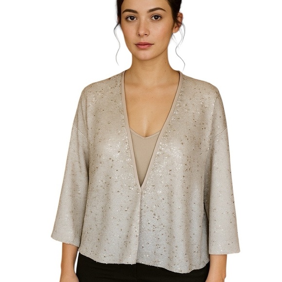 Zara Basic Size Large Cream Sequin Elbow Length Jacket Blazer Neutral Wedding - Picture 1 of 11